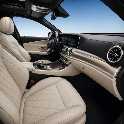 Car interior with leather seats, dashboard and door panels